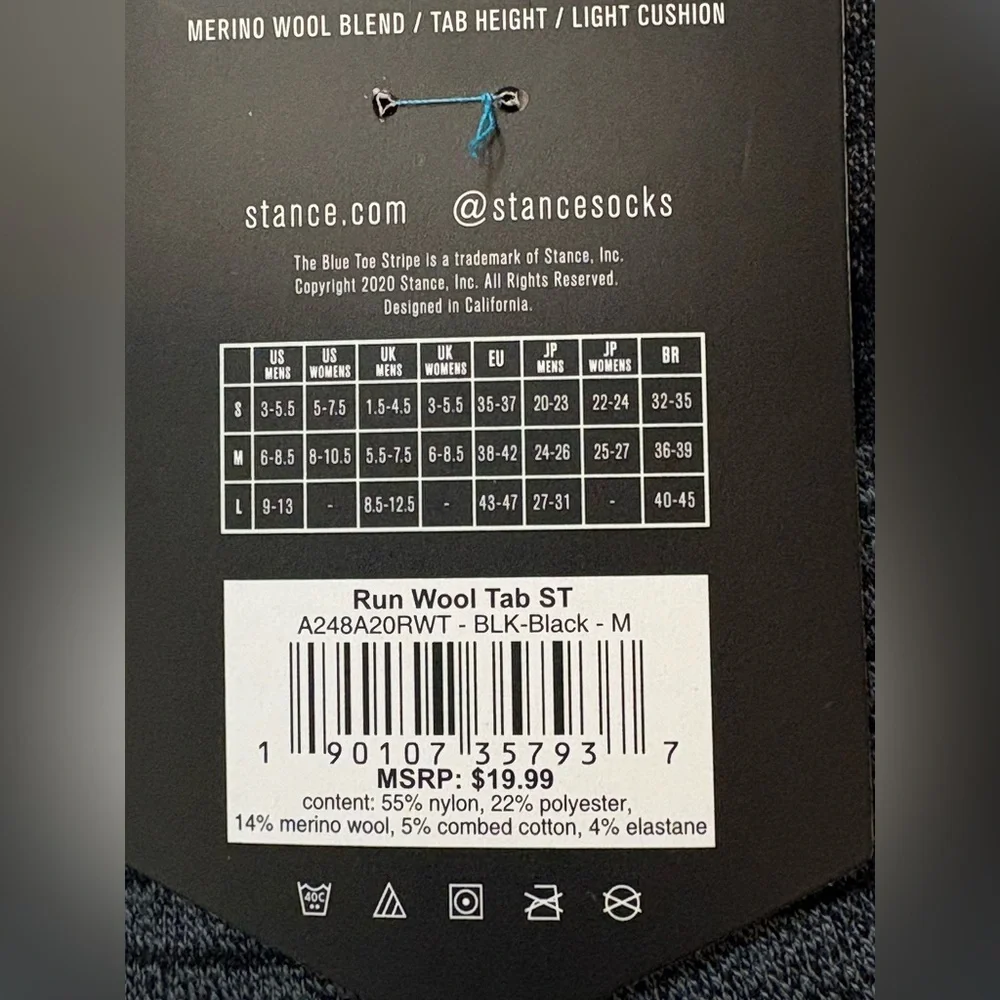Stance Black Feel 360 Tab Height Performance Lightweight Socks Size M NWT